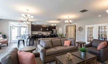 A living room with a grey couch and a coffee table.